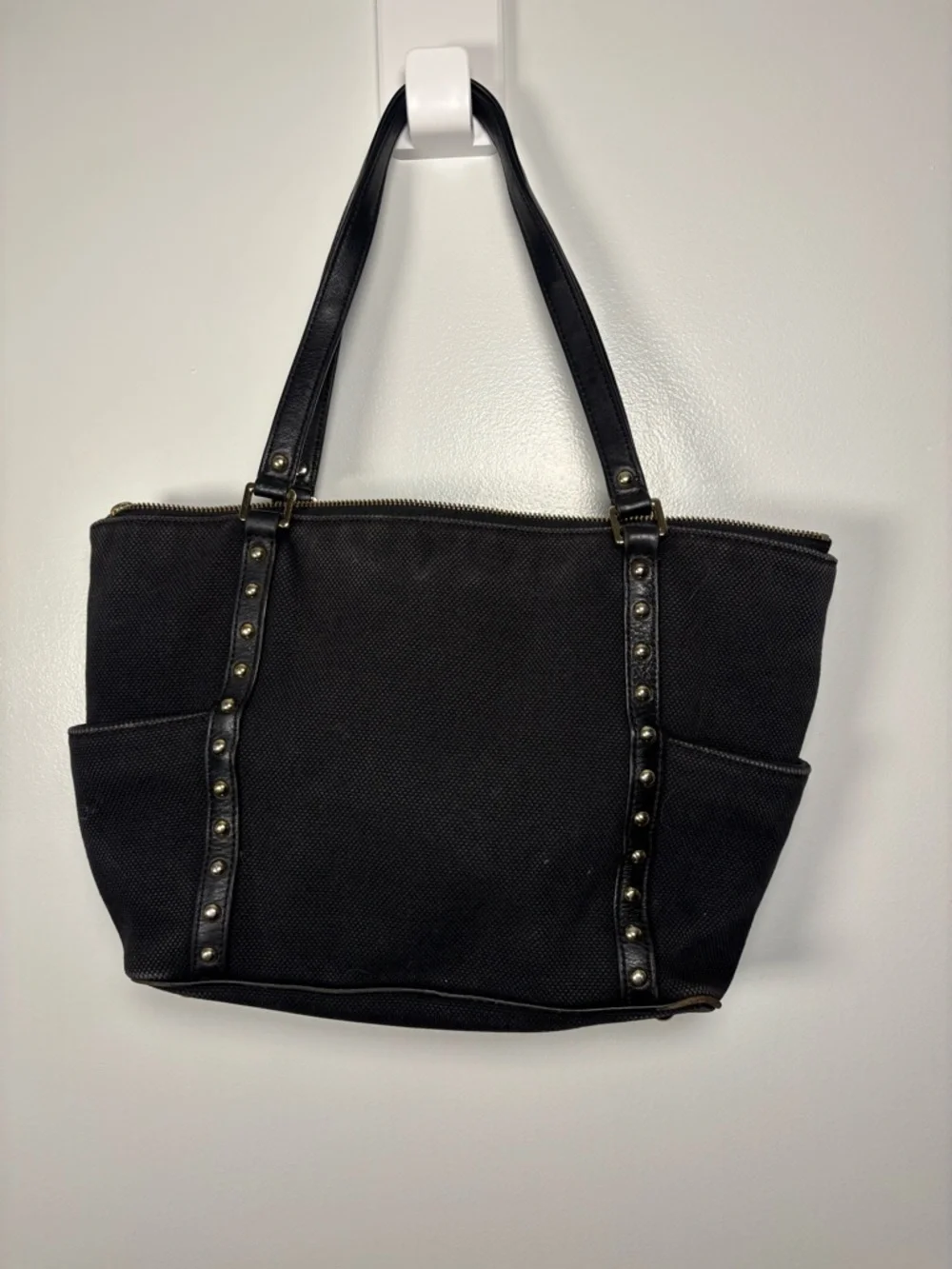 Michael Kors Black Canvas Tote with Studded Gold Trim side pockets